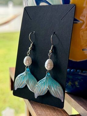 Turquoise Mermaid Tail Drop Earrings with Pearl Accent